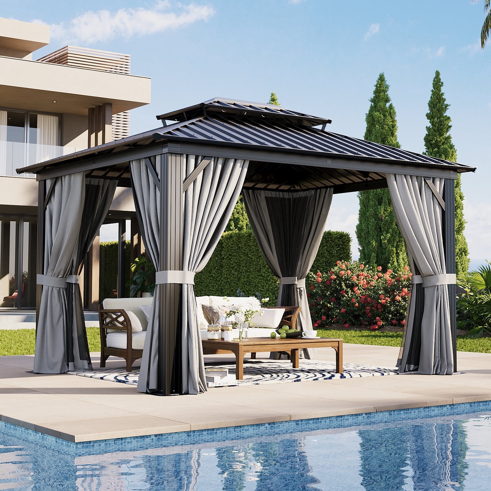 BREEZESTIVAL 10'x12' Hard Top Gazebo Galvanized Steel Double Top , Permanent Aluminum Gazebo, Hardtop Gazebo, Outdoor Metal Gazebo with Privacy Curtains And Nets for Parties, Gardens, Decks, Black