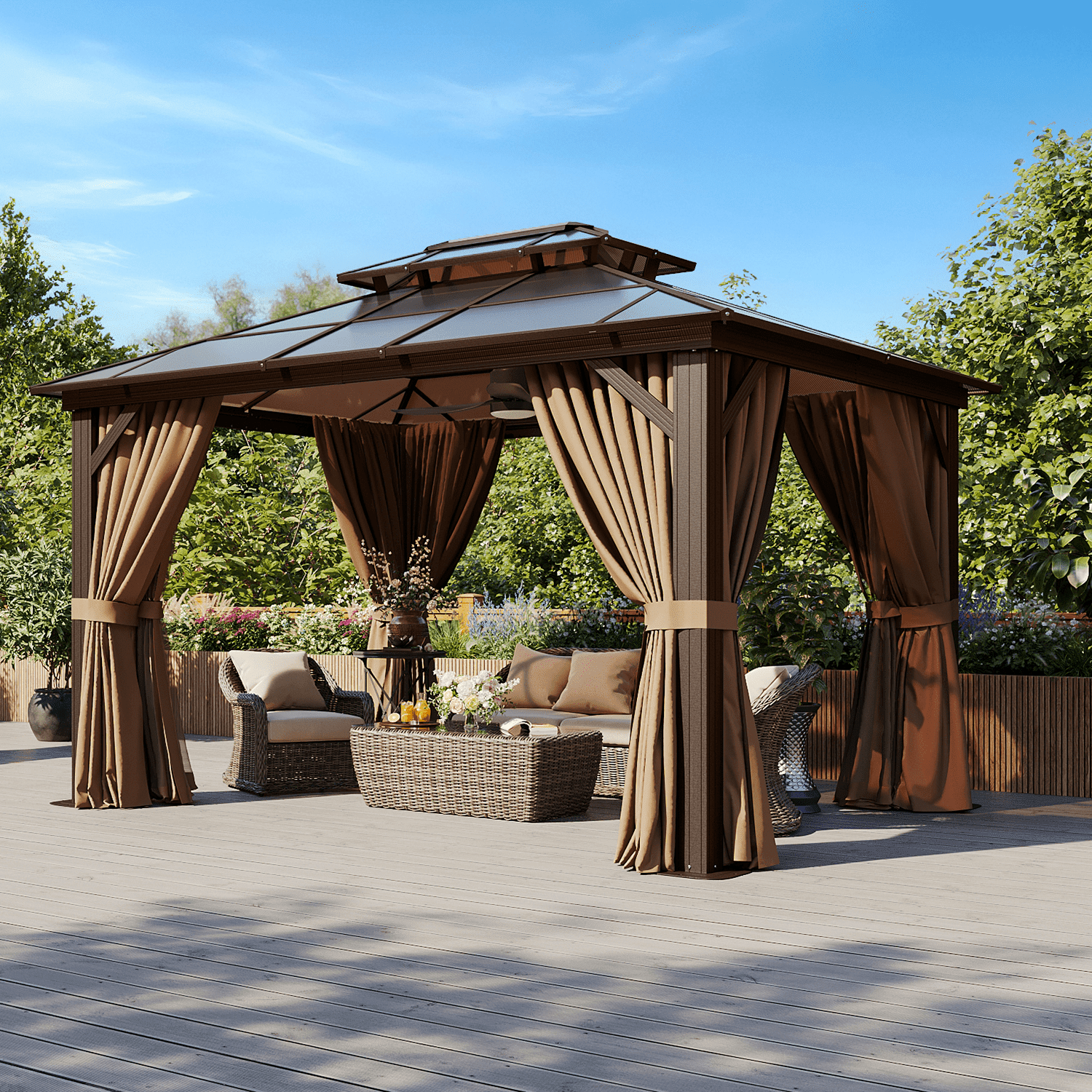 Nordivale 12x10 FT Outdoor Hardtop Gazebo – Double-Layer Polycarbonate Canopy, Aluminum Frame, Curtains & Mesh Screens, Ideal Shading Solution for Garden, Patio & Yard