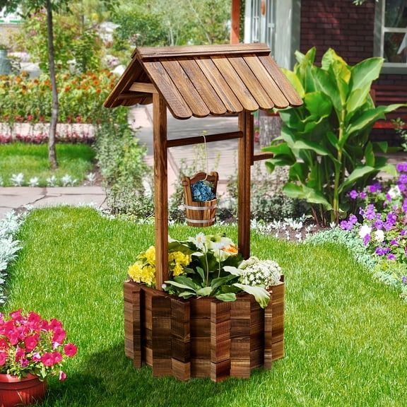 Nordivale Wishing Well Planter Outdoor - Wooden Rustic Garden Decor with Hanging Bucket, Barrel Style Yard Fountain & Water Feature for Patio, Lawn & Outside (Reinforced Base)