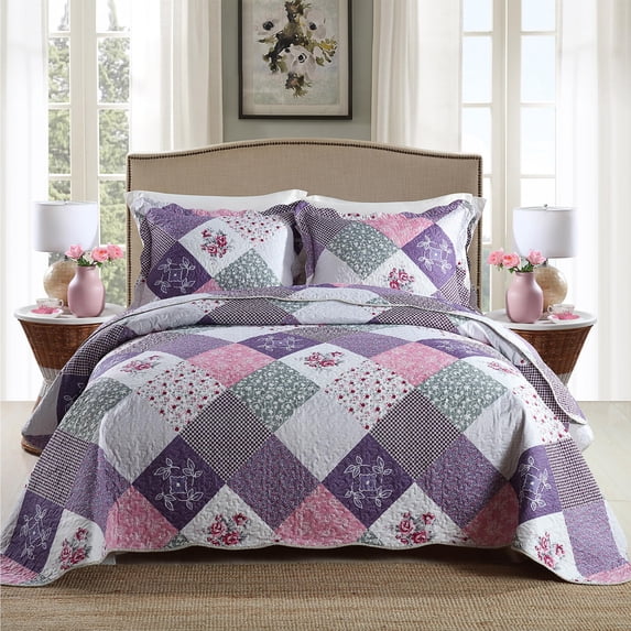 Nordmiex 3-Piece Microfiber Quilt Sets Floral Patchwork Bedspreads Reversible Coverlet Sets (Queen, Purple)