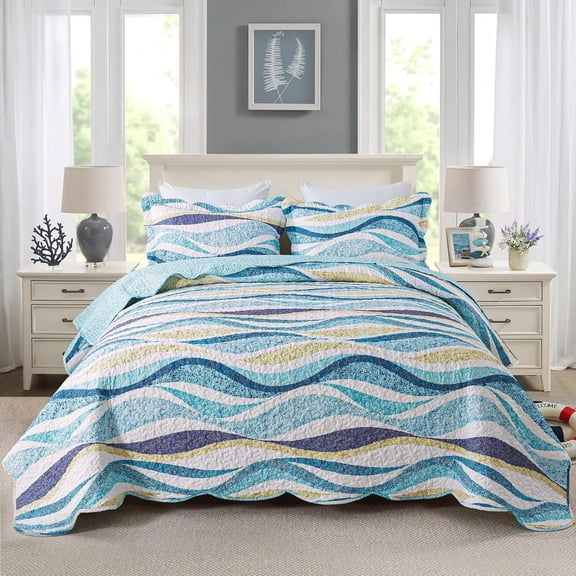 Nordmiex King Quilt Bedding Set - 3 Pieces Beach Quilt Sets Coastal Bedspreads Ocean Coverlets Microfiber Bed Cover All Season Quilts