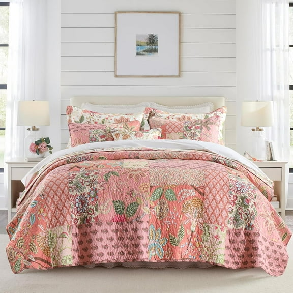 Nordmiex Patchwork Cotton Quilt Set Bohemian Pink Floral Bedding Set, Queen
