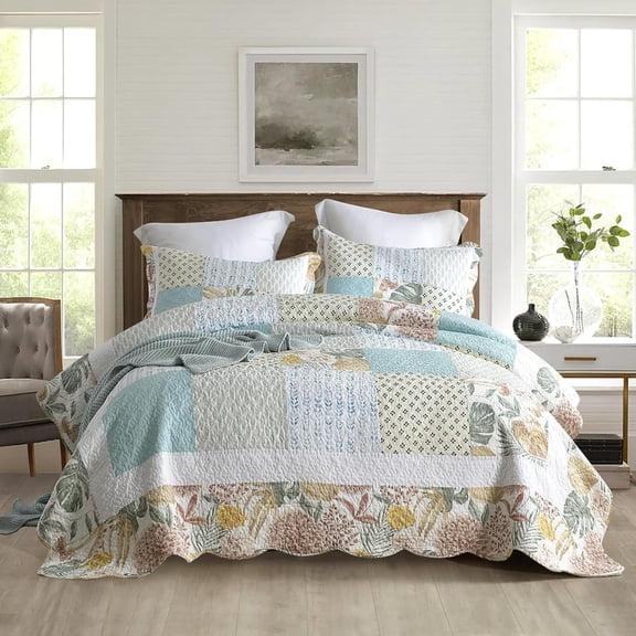 Nordmiex Patchwork Cotton Quilt Set Cute Garden Bedding Set, King