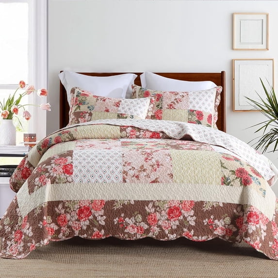 Nordmiex Patchwork Cotton Quilt Set Luxury Rose Bedding Set, Queen