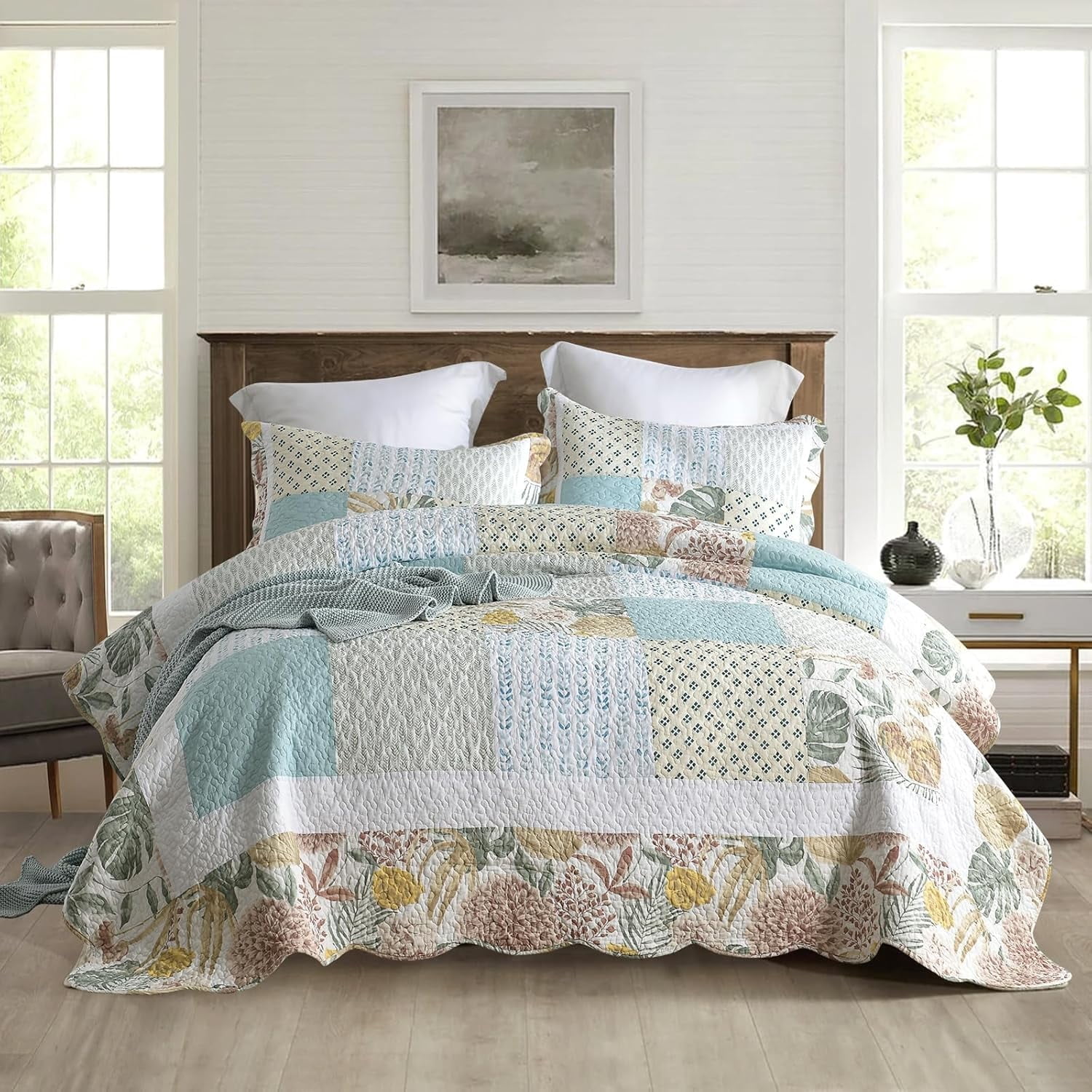 Nordmiex Patchwork Cotton Quilt SetCute Garden Bedding Set, Queen