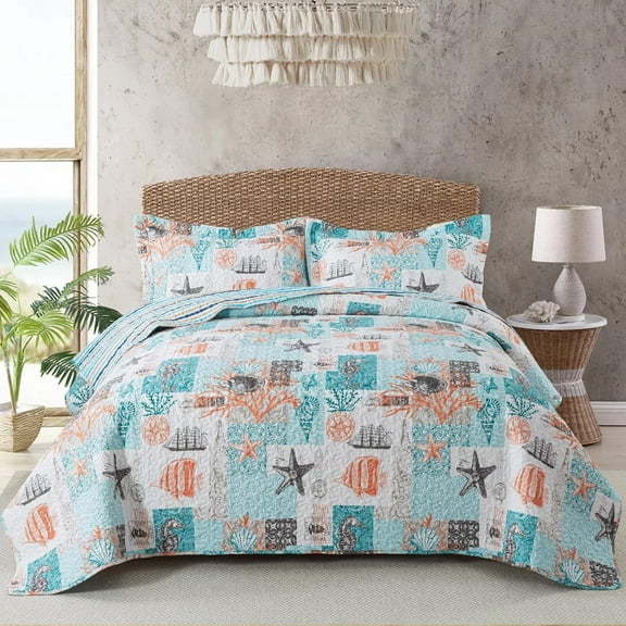 Nordmiex Queen Quilt Bedding Set - 3 Pieces Coastal Quilt Sets Beach Bedspreads Ocean Coverlets Lightweight Bed Cover Summer Quilts Queen Size
