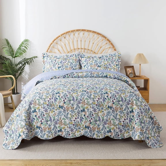 Nordmiex Queen Quilt Bedding Set 3 Pieces Microfiber Quilt Sets Blue Floral Bedspreads Reversible Coverlets