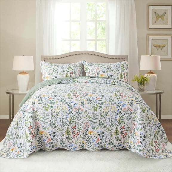 Nordmiex Queen Quilt Bedding Set 3 Pieces Microfiber Quilt Sets Green Floral Bedspreads Reversible Coverlets