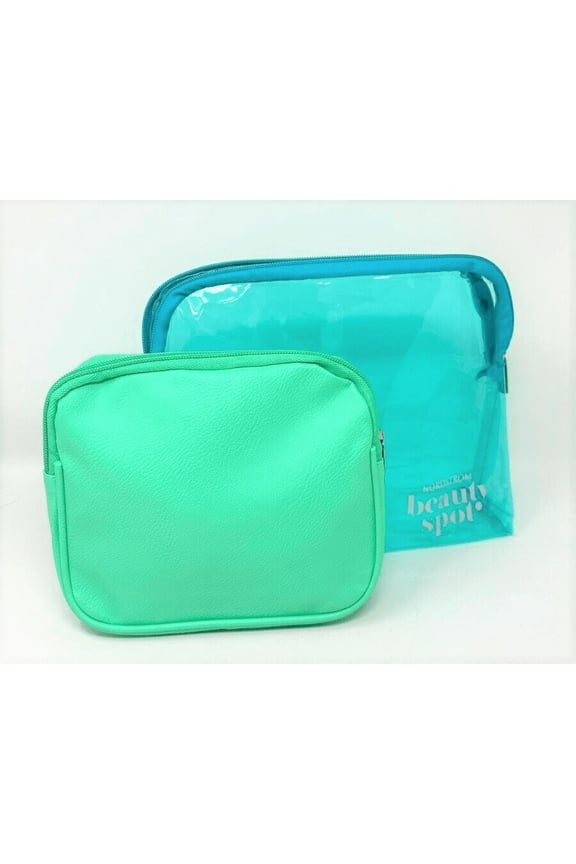 Beauty Makeup Cosmetic Clear Teal Green Pouch Bag Toiletry Travel Case, 2-piece Set