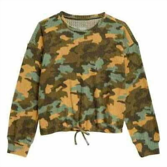 Nordstrom Kid's Girls' Cozy Waffle Knit Top Olive Sarma- Tan Camo M(8/10) NWT
