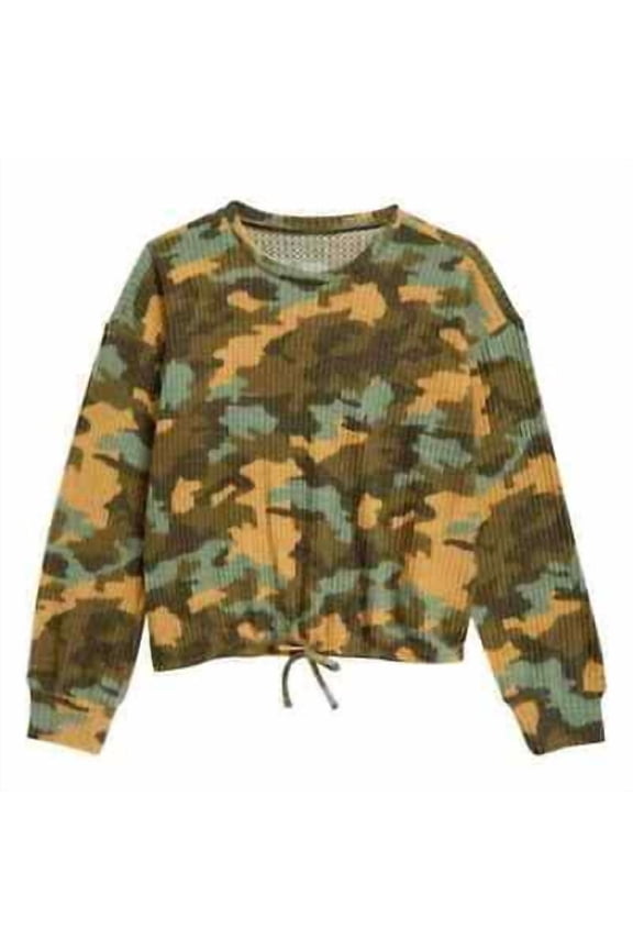 Nordstrom Kid's Girls' Cozy Waffle Knit Top Olive Sarma- Tan Camo M(8/10) NWT