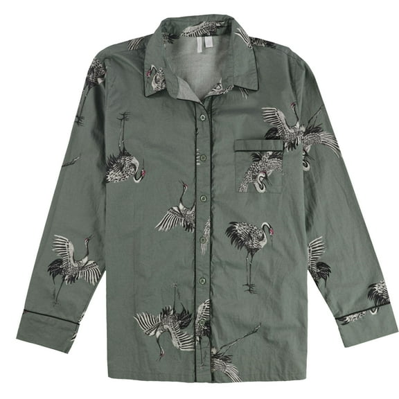 Nordstrom Mens Crane Pattern Button Down Pajama Tops, Green, Medium