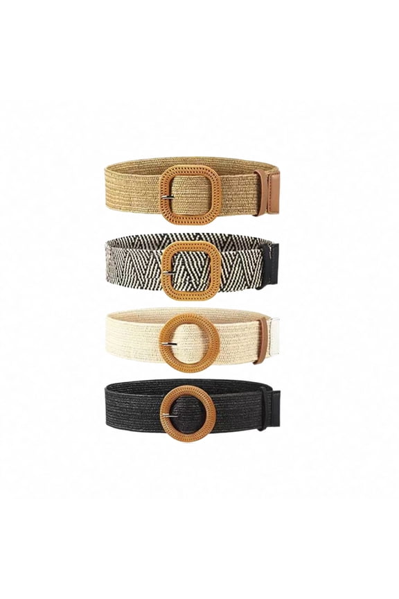 4-Pack Straw Woven Belts for Women, Boho Style Dress Belts with Buckle, Square & Round Buckle Set, PP Straw & Cotton Blend, Elastic Woven Belt for Dresses, Jeans, and Tunics