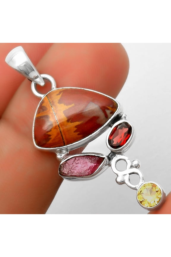 Noreena Jasper, Pink Tourmaline Rough, Garnet & Citrine Silver Pendant P-1602 SDP114742