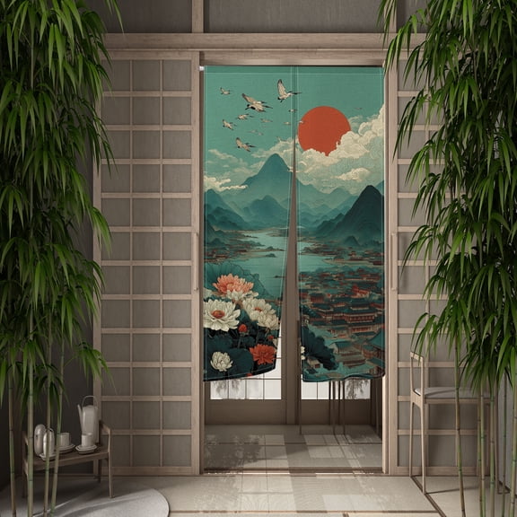 Noren Doorway Curtain Chinese Mountain Scenery Window Treatment Door Tapestry for Home Decoration 28.3"x39.3"