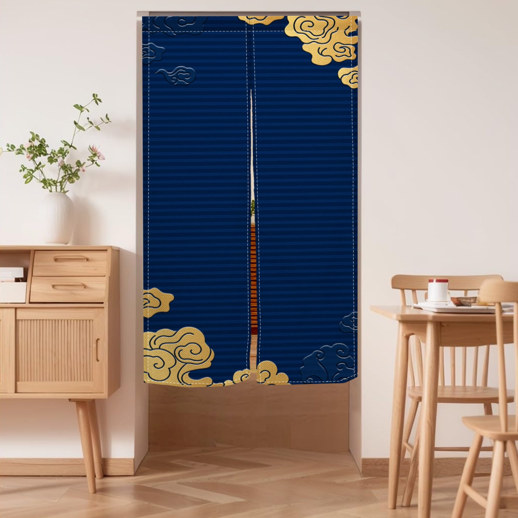 Noren Doorway Curtain Japanese Style Gold Cloud Printed Linen Window Treatment Door Tapestry for Home Decoration 33.5"x67",Navy Blue