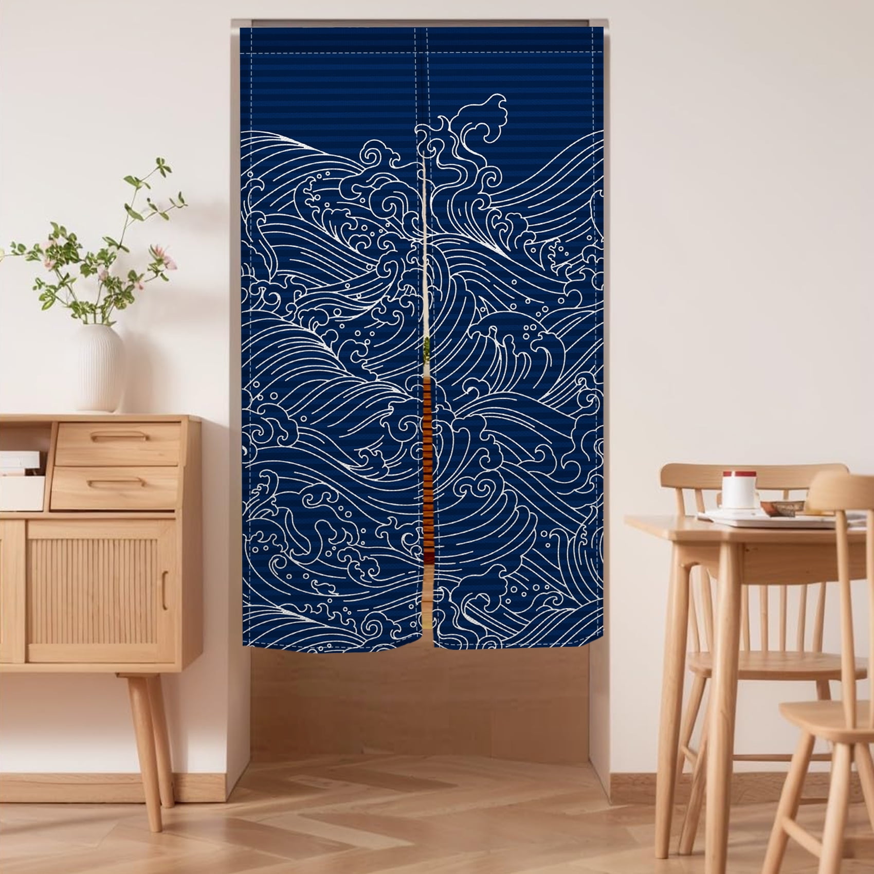 Noren Doorway Curtain Japanese Style Wave Printed Linen Window Treatment Door Tapestry for Home Decoration 33.5"x67",Navy Blue