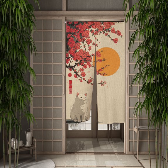 Noren Doorway Curtain Red Flower and White Cat Window Treatment Door Tapestry for Home Decoration 33.5"x59"