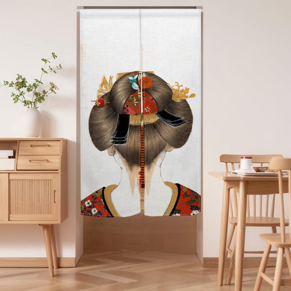 Noren Japanese Doorway Curtain, Geisha Woman Portrait Traditional Kimono Maiko Cultural Hairdo,Long Tapestry for Home Sushi Kitchen Decoration 33.5"x59" Inch