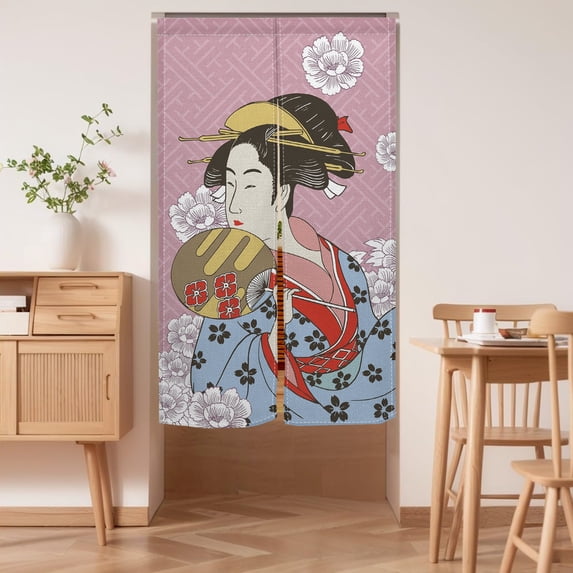 Noren Japanese Doorway Curtain, Geisha Woman Portrait Traditional Kimono Maiko Cultural Hairdo, Long Tapestry for Home Sushi Kitchen Decoration 33.5"x59" Inch