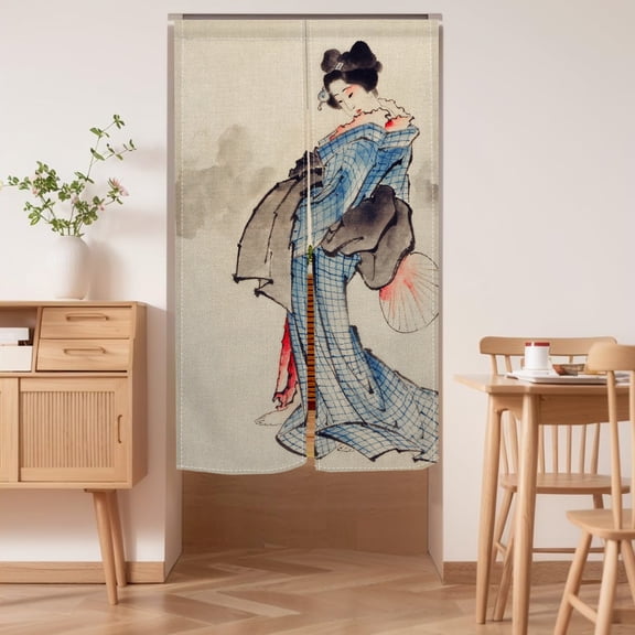 Noren Japanese Doorway Curtain, Geisha Woman Portrait Traditional Kimono Maiko Cultural Hairdo, Long Tapestry for Home Sushi Kitchen Decoration 33.5"x59" Inch