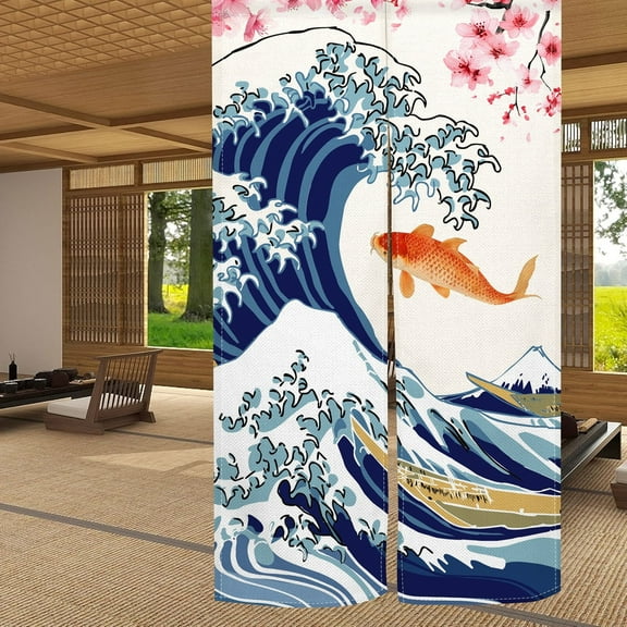 Noren Japanese Doorway Curtain Tapestry Decor Room Divider Curtain (The Great Wave Off Kanagawa + Red Fuji, 33.5" W x 59" L)