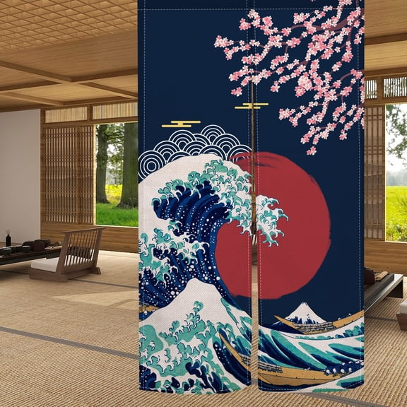 Noren Japanese Doorway Tapestry (Sunrise and Wave,33.5" W x 59" L)