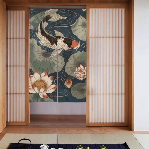 Noren Japanese Style Doorway Curtain Printed Door Tapestry Room Divider Curtains, 34" Width x 56" Long, Koi Fish Lotus Vintage (6)