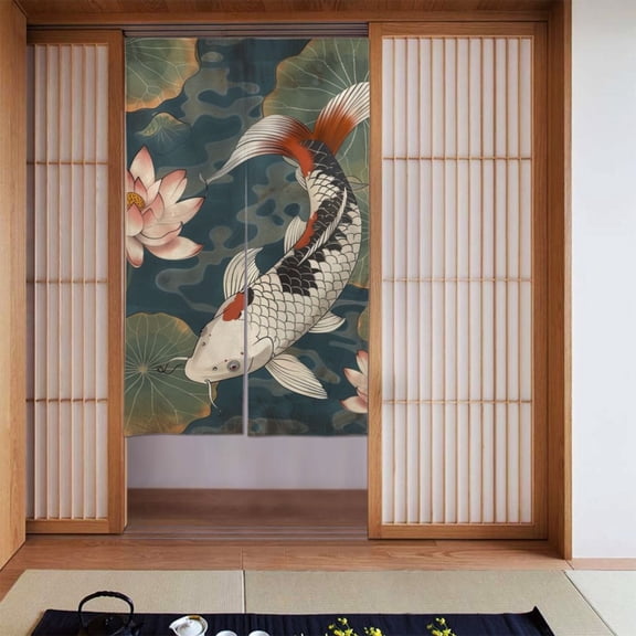 Noren Japanese Style Doorway Curtain Printed Door Tapestry Room Divider Curtains, 34" Width x 56" Long, Koi Fish Vintage Flower (9)