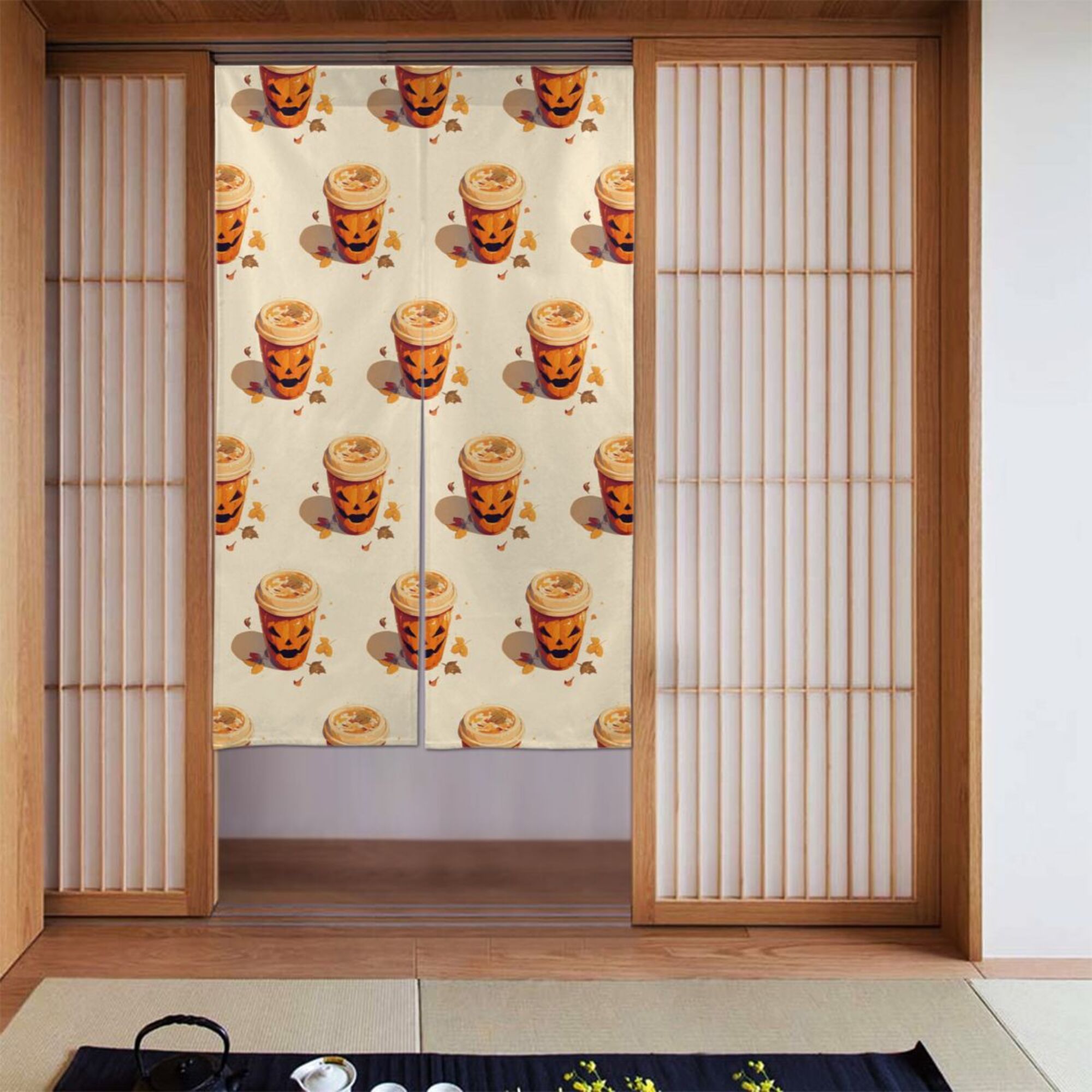 Japanese Noren Doorway Curtain – Dark Blue & Beige Wave Design, 33.5x70.9 Inches, Polyester Room Divider