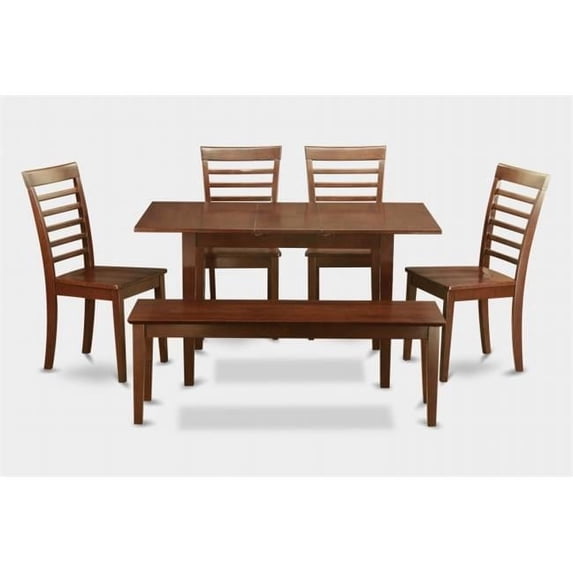 Norfolk 6PC Set with rectangular table with 12 in Butterfly Leaf and 4 wood seat Ladder back chairs plus one 51-in Long bench
