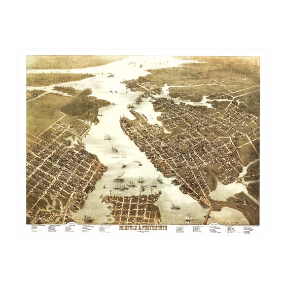 Norfolk Art, 1873 Vintage Map of Norfolk Virginia, VA History Wall Decor Gift, Old Norfolk Map - 36" x 24" Unframed Print