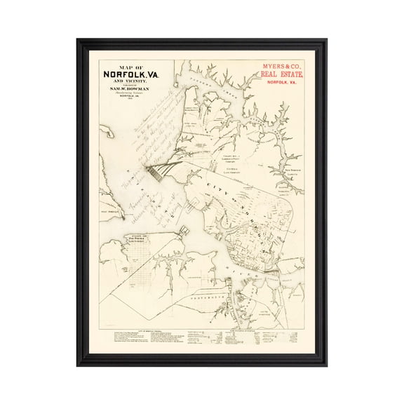 Norfolk Art, 1891 Vintage Map of Norfolk Virginia, VA History Wall Decor Gift, Old Norfolk Map - 18" x 24" Black Framed Print