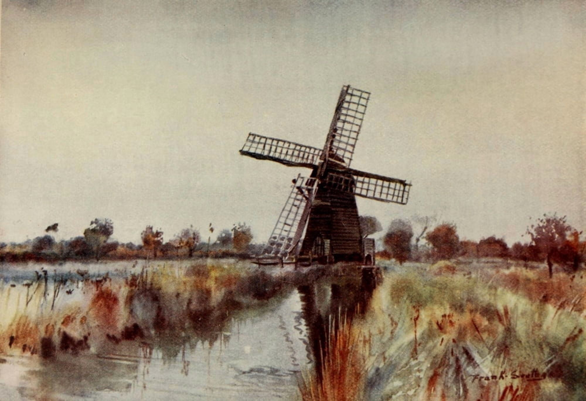 Norfolk Broads 1906 Drainage Mill near Barton Canvas Art - Frank Southgate (18 x 24)