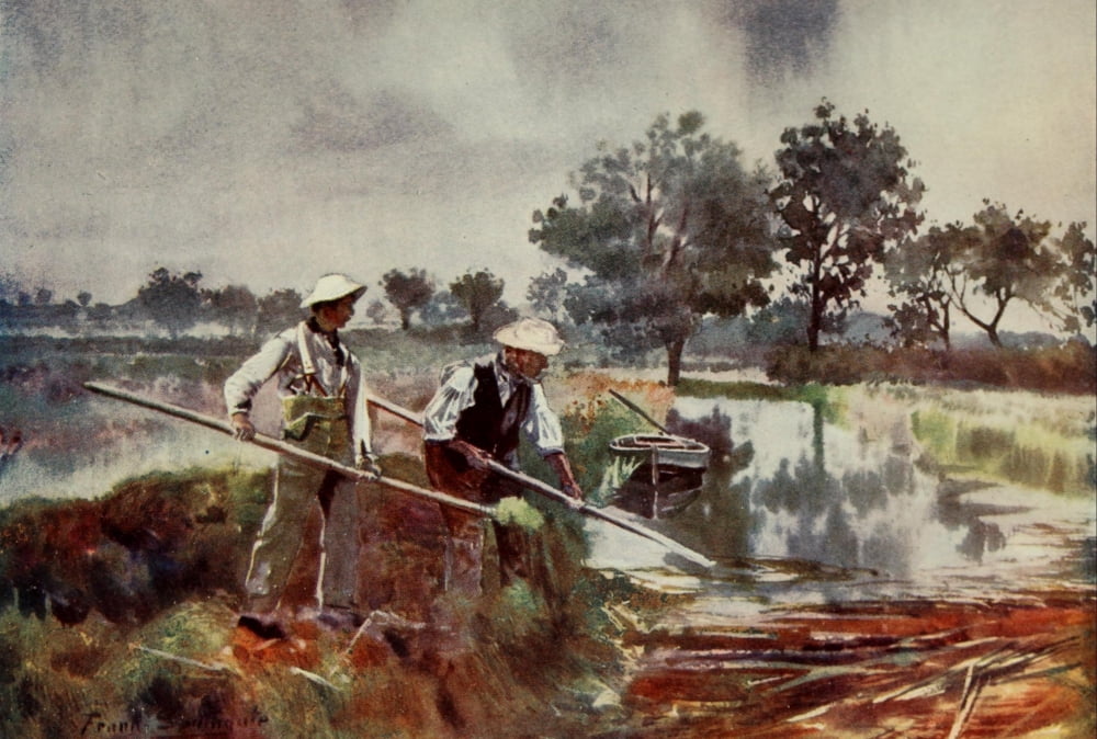 Norfolk Broads 1906 Marshmen Weed-lifting Canvas Art - Frank Southgate (24 x 36)