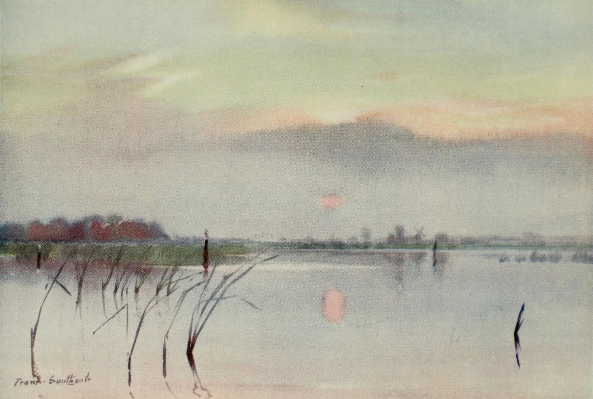 Norfolk Broads 1906 Sunset over Heigham Sounds Canvas Art - Frank Southgate (24 x 36)