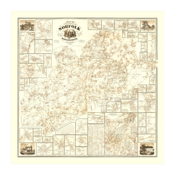 Norfolk County Massachusetts Art, 1858 Vintage Map of Norfolk County MA History Wall Decor Gift, Old Norfolk County MA Map - 30" x 30" Unframed Print