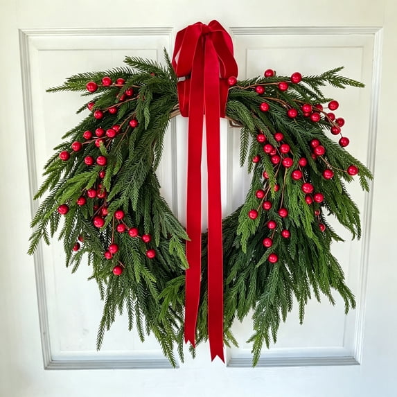 Vevlet Red Norfolk Pine Christmas Door Swag with Red Velvet Bow and Red Berry ...