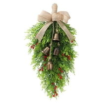 Norfolk Pine Christmas Teardrop Swag, 19.6 Inch Artificial Holiday Garland with Bells and Red Bow, Pre-Decorated Wreath for Front Door, Mantle, and Indoor Outdoor Wall Decor
