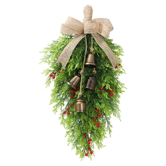 Norfolk Pine Christmas Teardrop Swag, 19.6 Inch Artificial Holiday Garland with Bells and Red Bow, Pre-Decorated Wreath for Front Door, Mantle, and Indoor Outdoor Wall Decor