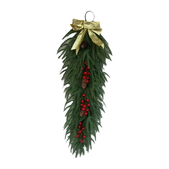 Norfolk Pine Christmas Teardrop Swag 35 Inch, Artificial Greenery Swags for Door, Staircase, Indoor Outdoor Xmas Decor, Holiday Hanging Decorations