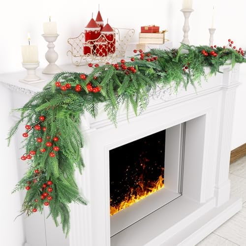 Norfolk Pine Cypress Garlands with Red Berries, 6Ft Artificial Soft Christmas Pine Garland, Green Real Touch Greenery Garland for Table, Mantle, Staires Railing, Indoor/Outdoor Christmas Decorations.