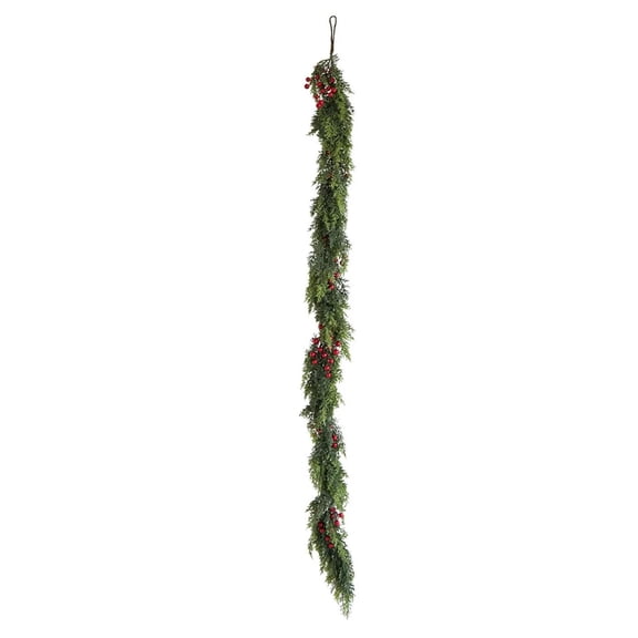 Norfolk Pine Garland with Red Berries 5.9 Ft, Real Touch Artificial Christmas Greenery for Stairs, Mantle, and Wall, Rustic Indoor Outdoor Holiday Decorations