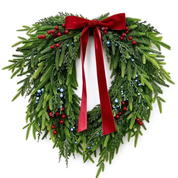 Norfolk Pine Heart Shaped 24" Wreath for Front Door, Artificial Heart Christmas Wreath with Red Velvet Bow&Berries,Soft Non‑prickly Norfolk Pine Foliage, Wreath for Mantel Wall Window Xmas Home Decor