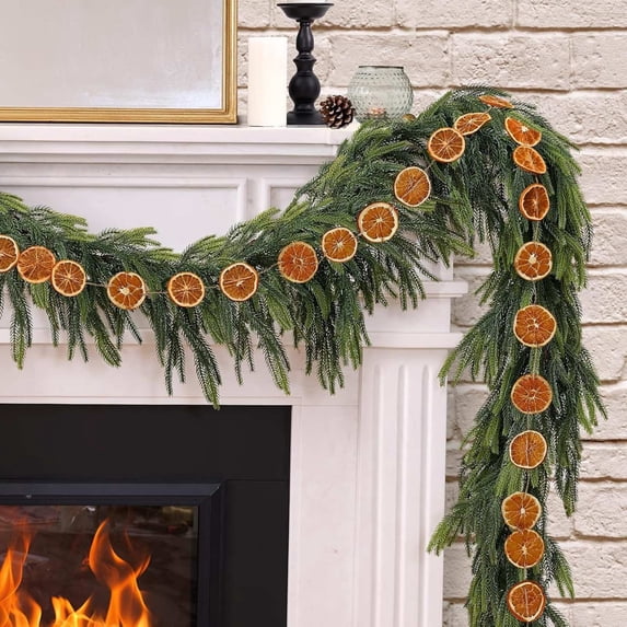 Norfolk Pine & Orange Slice Artificial Rattan 70.9in – Soft Plastic Christmas Garland with Faux Fruit for Indoor/Outdoor Holiday Display, Green, 1 Set
