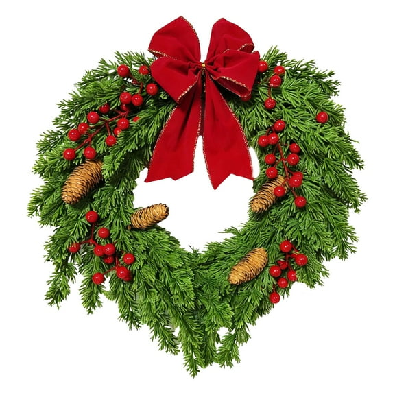 Norfolk Pine Wreath, Real Touch Christmas Wreaths for Front Door with Bow and Berries, Christmas Door Wreath for Home Door Window Wall Indoor Outdoor Xmas Decoration (Red)