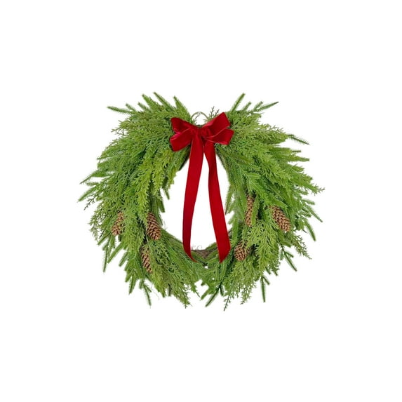 Norfolk Pine Wreath with Red Bow for Front Door, Real Touch Norfolk Pine Wreath Artificial Green Wreath Greenery Realistic Wreath Holiday Decoration for Home Decor