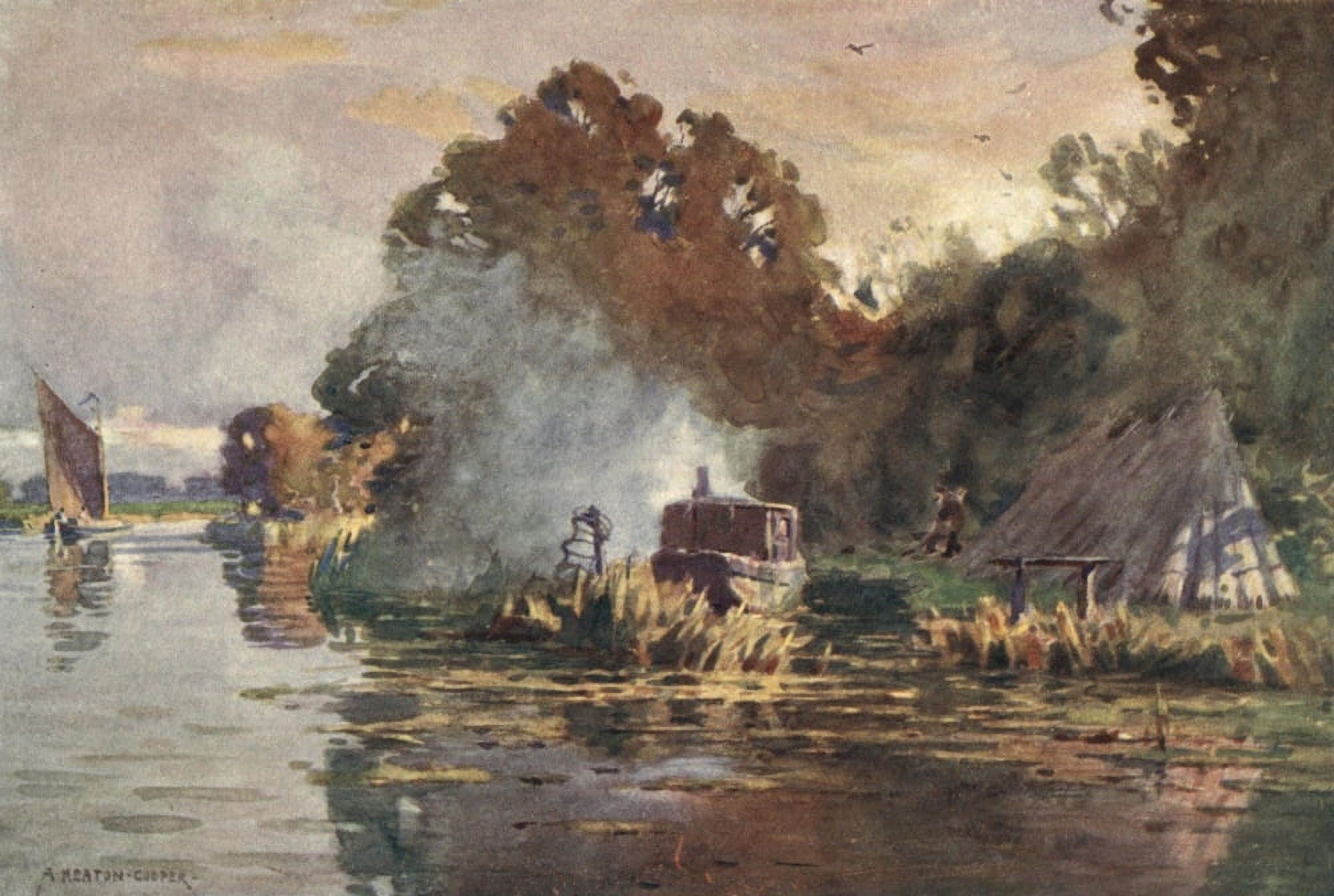 Norfolk & Suffolk 1921 Eel-fisher on the Bure Canvas Art - Alfred Heaton Cooper (18 x 24)