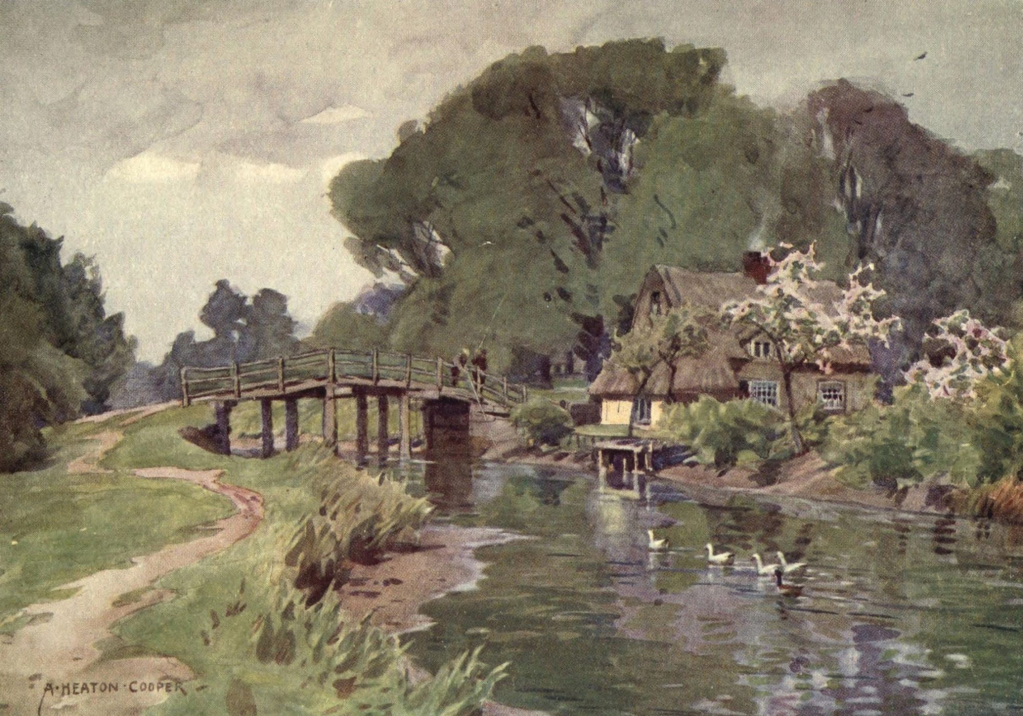 Norfolk & Suffolk 1921 Flatford Bridge Canvas Art - Alfred Heaton Cooper (24 x 36)