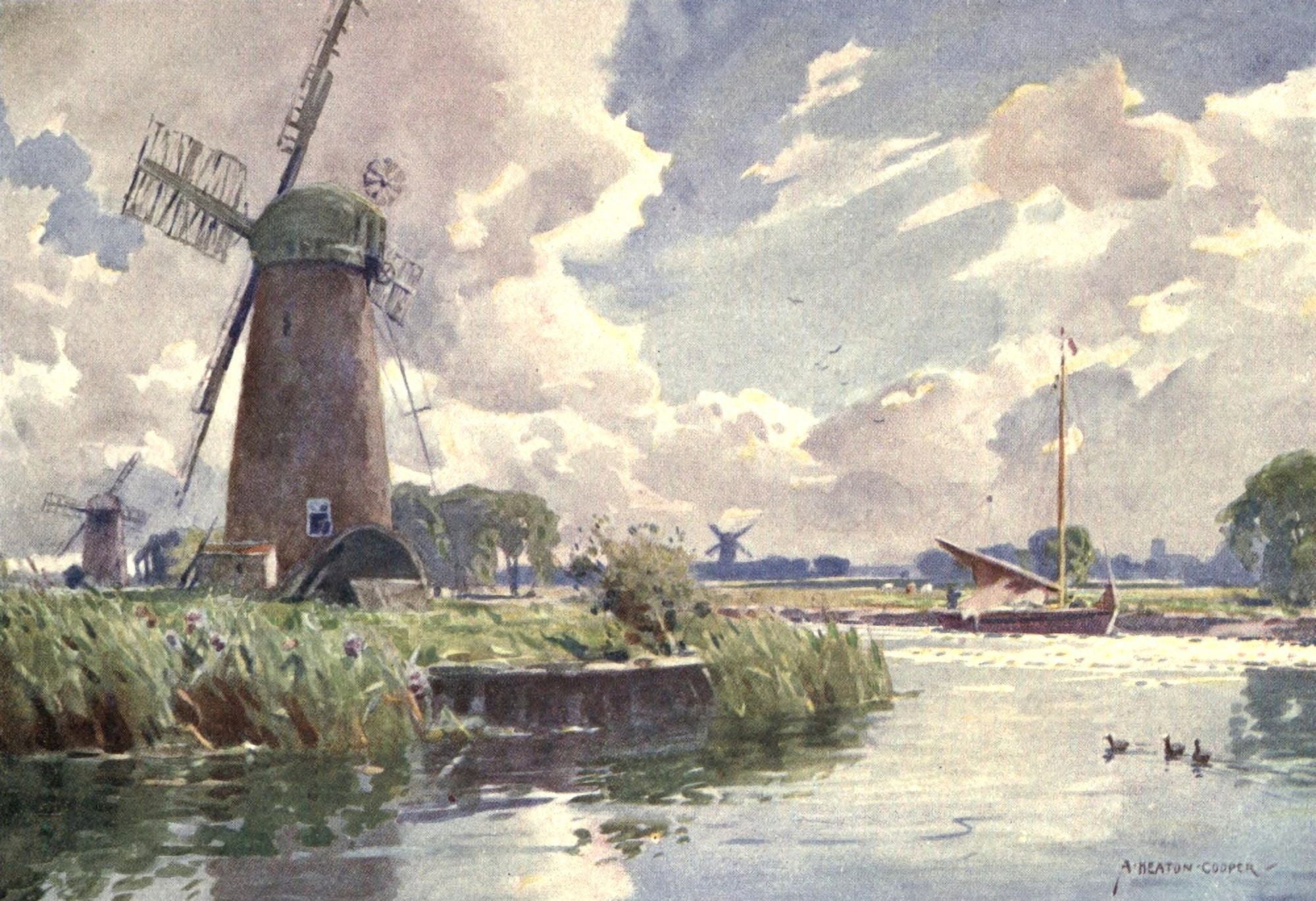 Norfolk & Suffolk 1921 Windmills on the Thurne Canvas Art - Alfred Heaton Cooper (24 x 36)